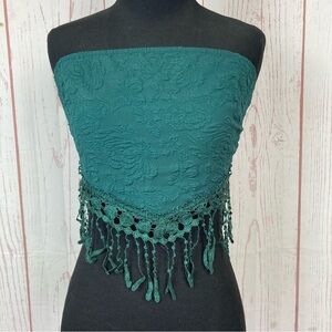 Shein L Large 40/42 8/10 Crochet Lace Fringe Textured Floral Green Crop Tie Top